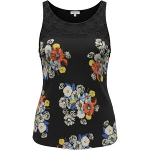 Weston Womens Floral Striped Mixed Media Tank Top Black Lace Yoke Large